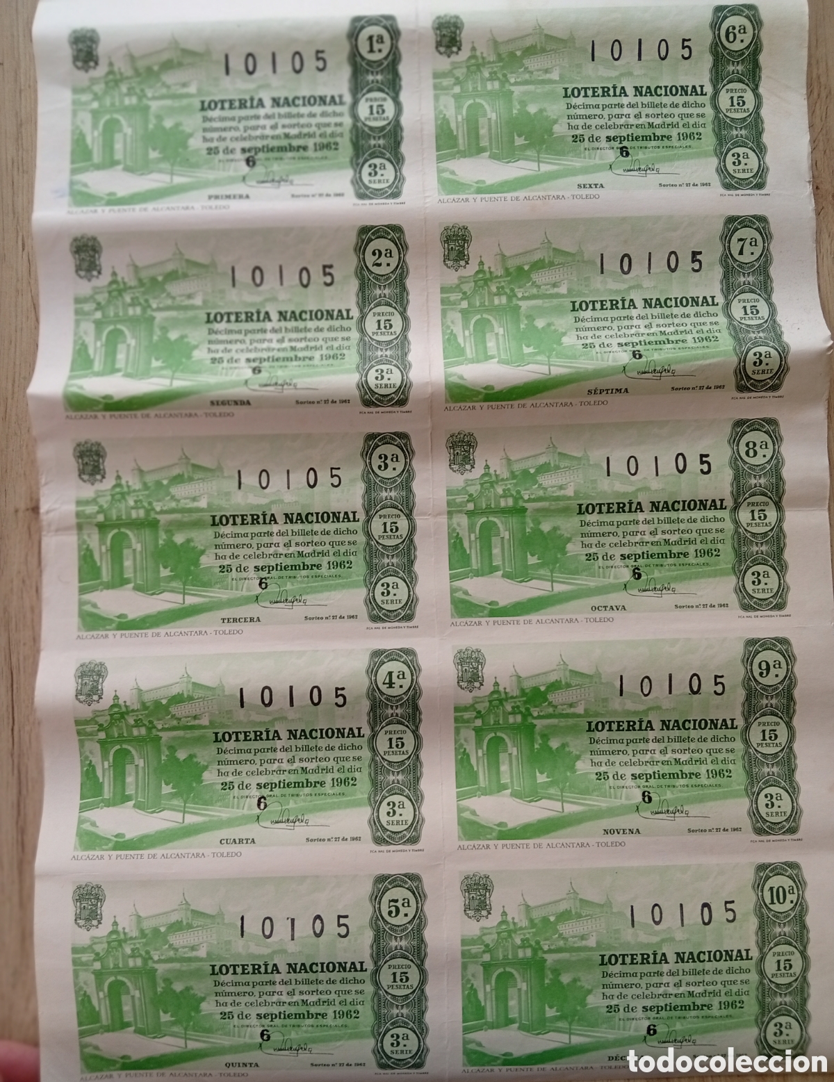 Loter&iacute;a Nacional: Loter&iacute;a nacional a&ntilde;o 1962 pliego de 10 decimos