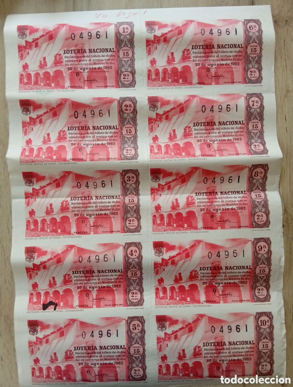 Loter&iacute;a Nacional: Loter&iacute;a nacional a&ntilde;o 1962 pliego de 10 decimos