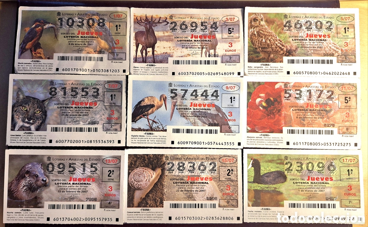 Loter&iacute;a Nacional: Loter&iacute;a Fauna 4/1/2007 al 31 diciembre 2009 - 156 decimos completa