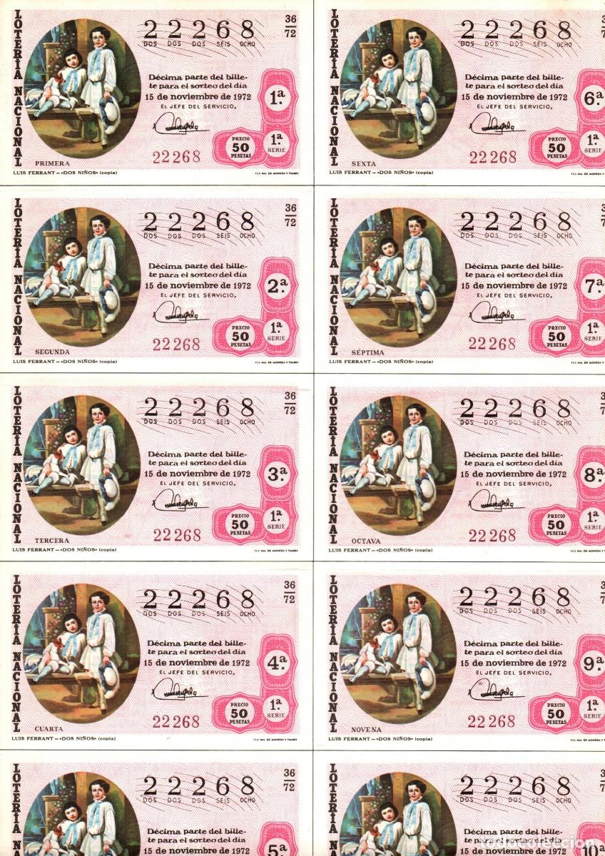 Loter&iacute;a Nacional: LOTERIA NACIONAL 1972 BILLETE COMPLETO SORTEO 36/72 SERIE 1 NUMERO 22268