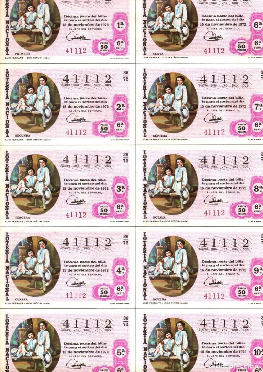 Loter&iacute;a Nacional: LOTERIA NACIONAL 1972 BILLETE COMPLETO SORTEO 36/72 SERIE 6 NUMERO 41112