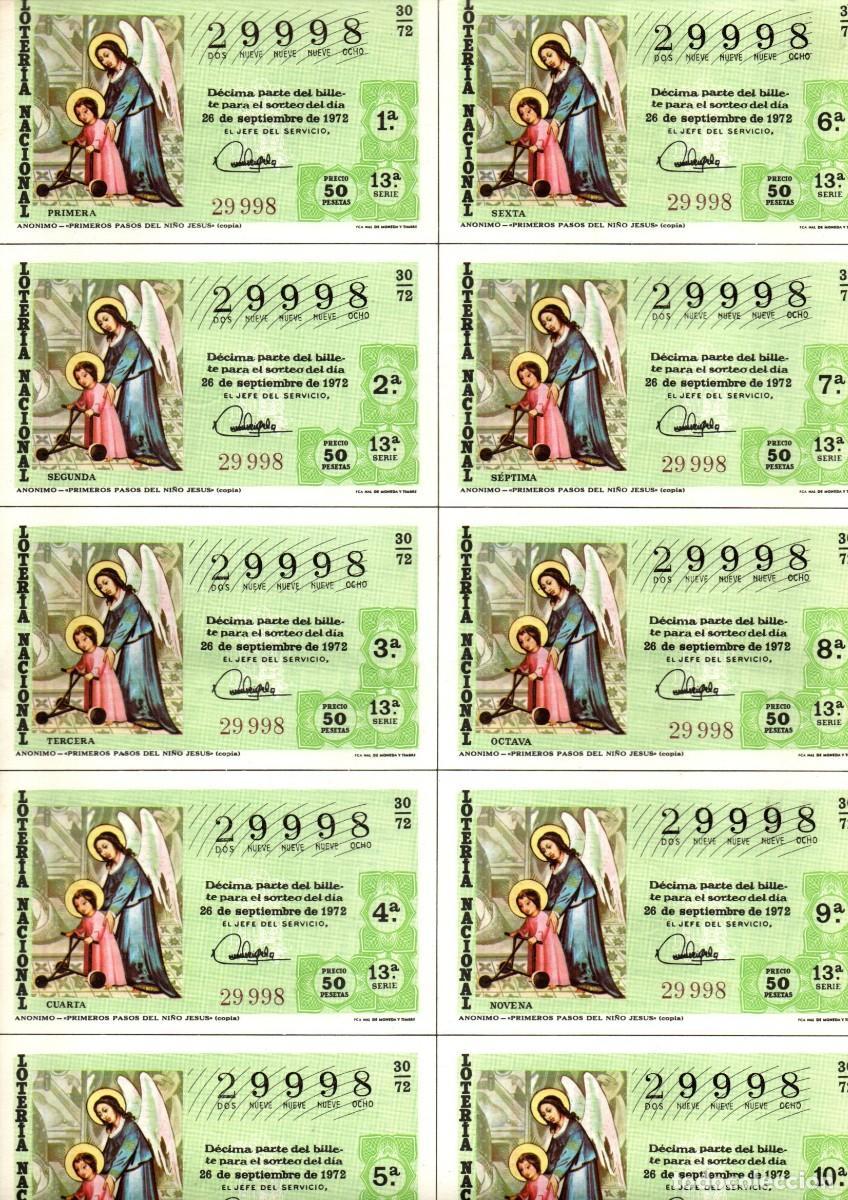 Loter&iacute;a Nacional: LOTERIA NACIONAL 1972 BILLETE COMPLETO SORTEO 30/72 SERIE 13 NUMERO 29998
