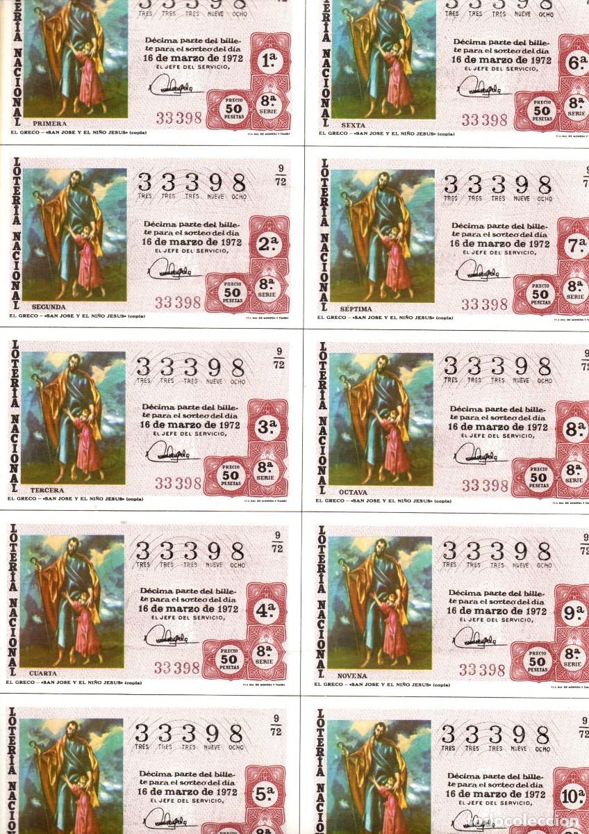 Loter&iacute;a Nacional: LOTERIA NACIONAL 1972 BILLETE COMPLETO SORTEO 9/72 SERIE 8 NUMERO 33398