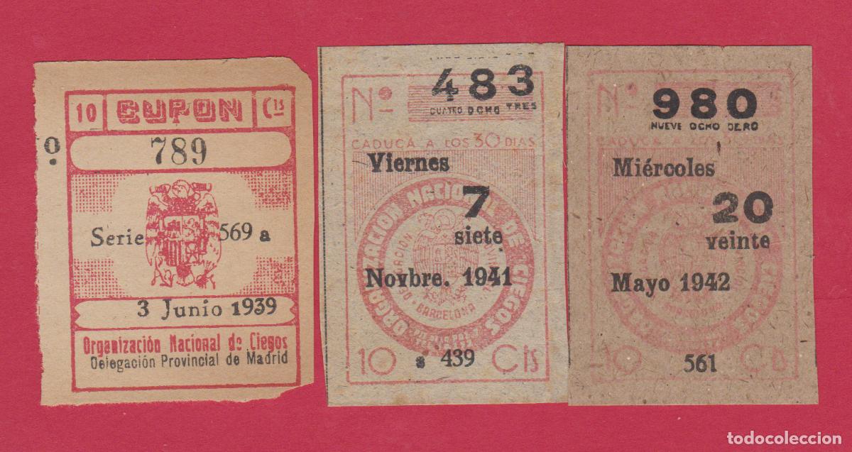 Loter&iacute;a Nacional: 3 CUPONES ANTIGUOS DE LA ONCE A&Ntilde;OS 1939 1941 Y 1942