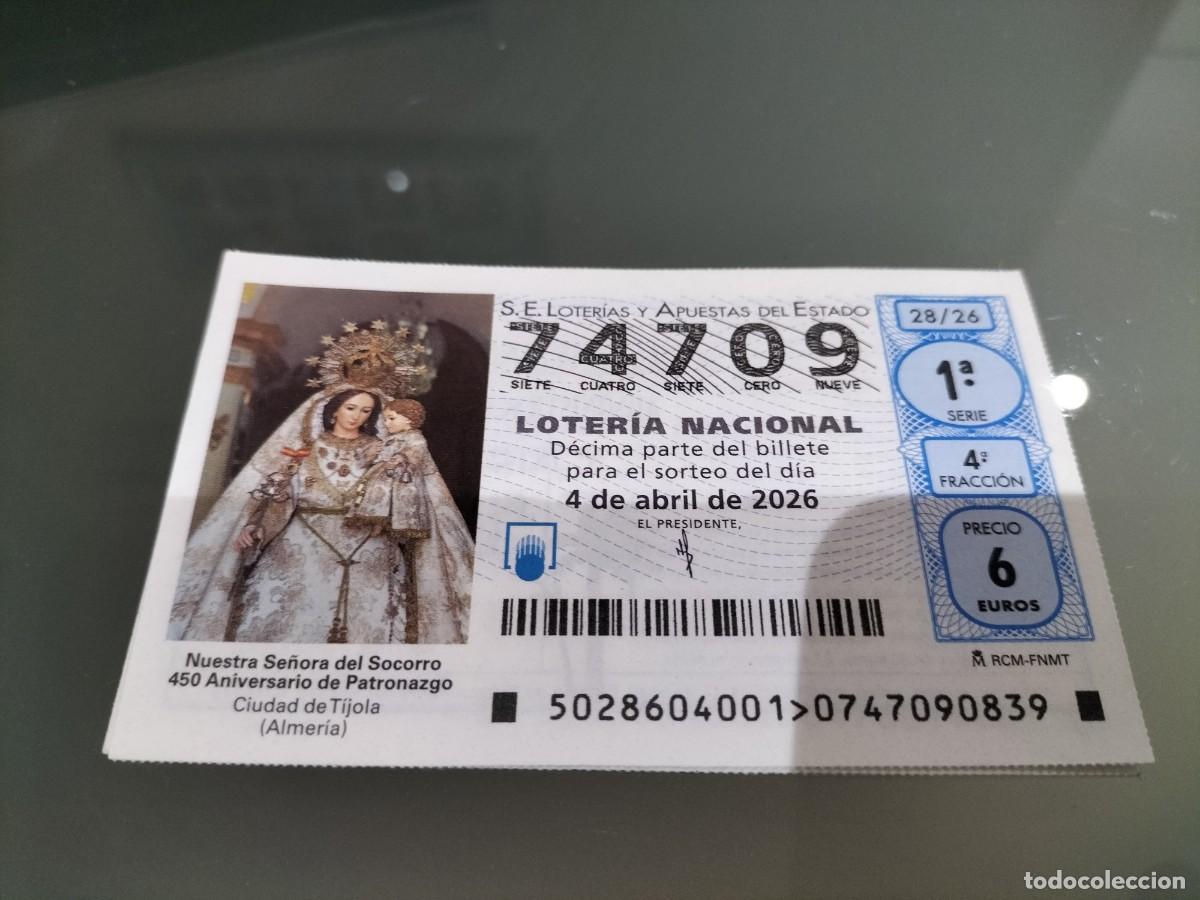Loterie Nationale: 1 DECIMO LOTERIA NACIONAL SABADO 4 ABRIL 2026 28/26 S. SANTA VIRGEN DEL SOCORRO ( TIJOLA - ALMERIA