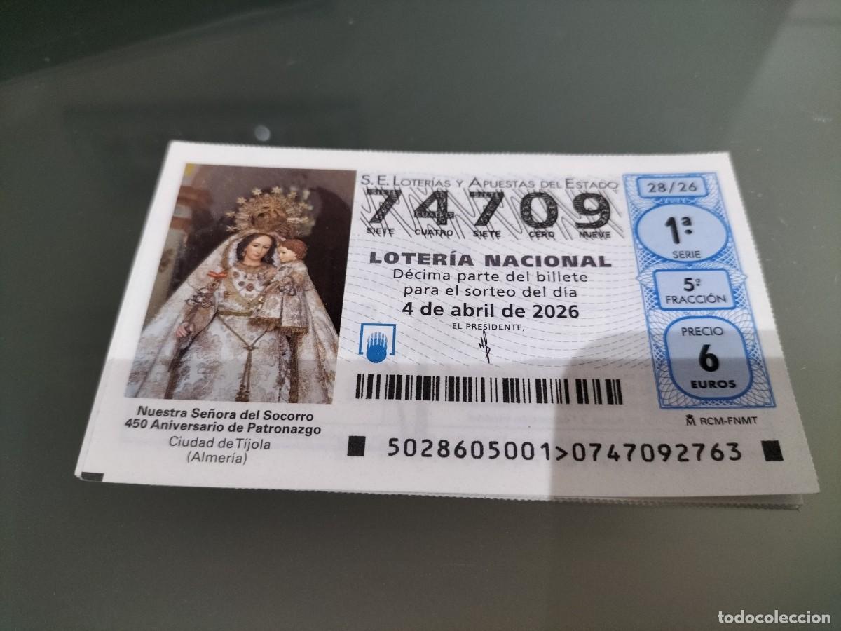 Loterie Nationale: 1 DECIMO LOTERIA NACIONAL SABADO 4 ABRIL 2026 28/26 S. SANTA VIRGEN DEL SOCORRO ( TIJOLA - ALMERIA