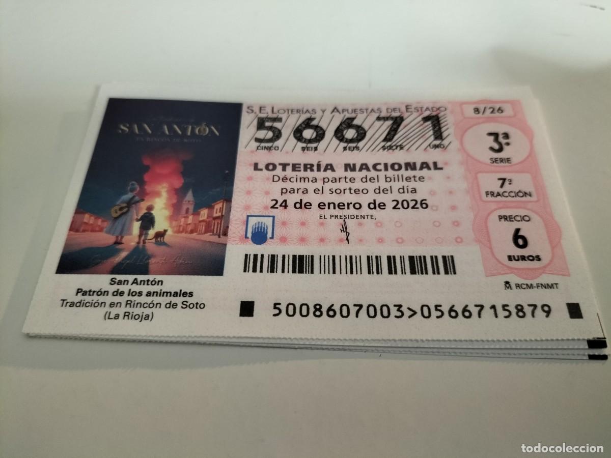 Loter&iacute;a Nacional: 1 DECIMO LOTERIA NACIONAL SABADO 24 ENERO 2026 8/26 SAN ANTON - RINC&Oacute;N DE SOTO LA RIOJA