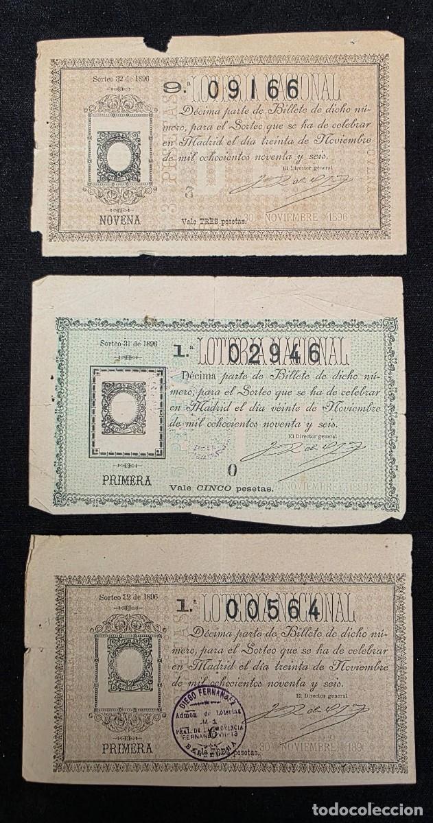 Loter&iacute;a Nacional: Lote 3 d&eacute;cimos Loter&iacute;a Nacional 1896 originales Madrid billetes antiguos colecci&oacute;n