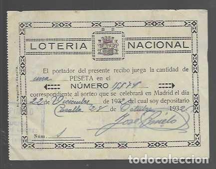 Loter&iacute;a Nacional: LOTERIA NACIONAL -RECIBO CAZALLA-SEVILLA--.- MADRID 22 DE DICIEMBRE 1932.- -VER FOTOS