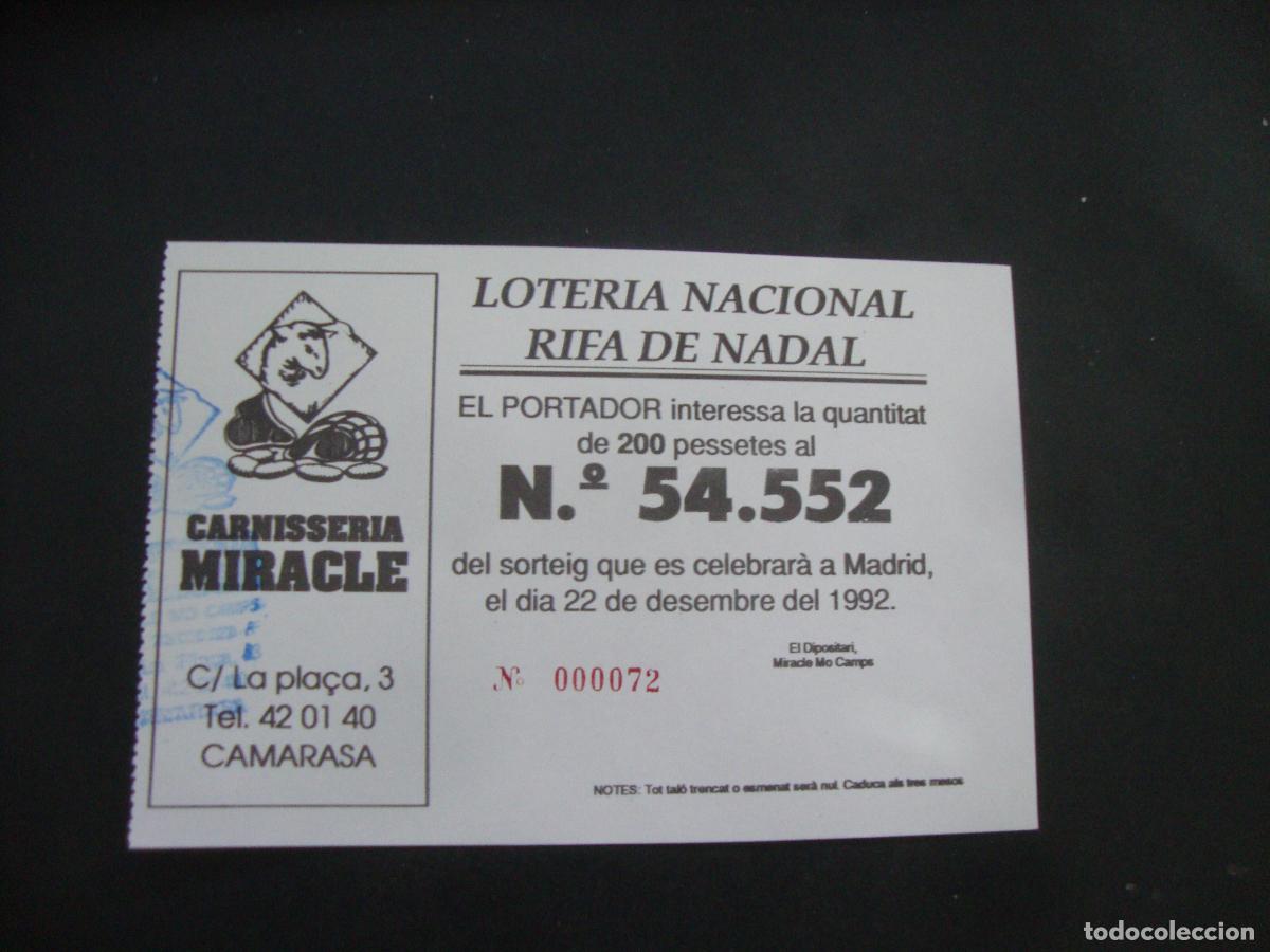 Loter&iacute;a Nacional: PARTICIPACION LOTERIA NACIONAL CARNISSERIA MIRACLE CAMARASA LLEIDA 1992