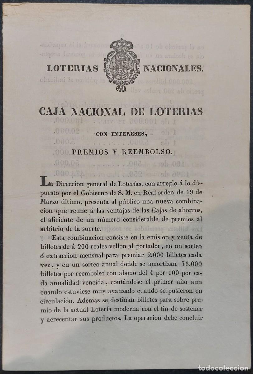 Loter&iacute;a Nacional: CAJA NACIONAL DE LOTER&Iacute;AS CON INTERESES, PREMIOS Y REEMBOLSO. ABRIL de 1844