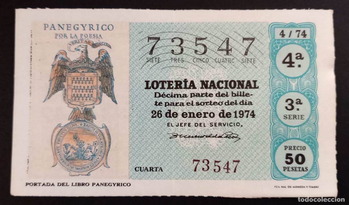Loter&iacute;a Nacional: D&Eacute;CIMO DE LOTERIA - 26-ENERO-1974 - PORTADA DEL LIBRO PANEGYRICO