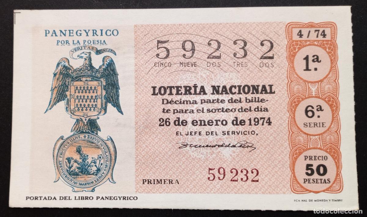 Loter&iacute;a Nacional: D&Eacute;CIMO DE LOTERIA - 26-ENERO-1974 - PORTADA DEL LIBRO PANEGYRICO