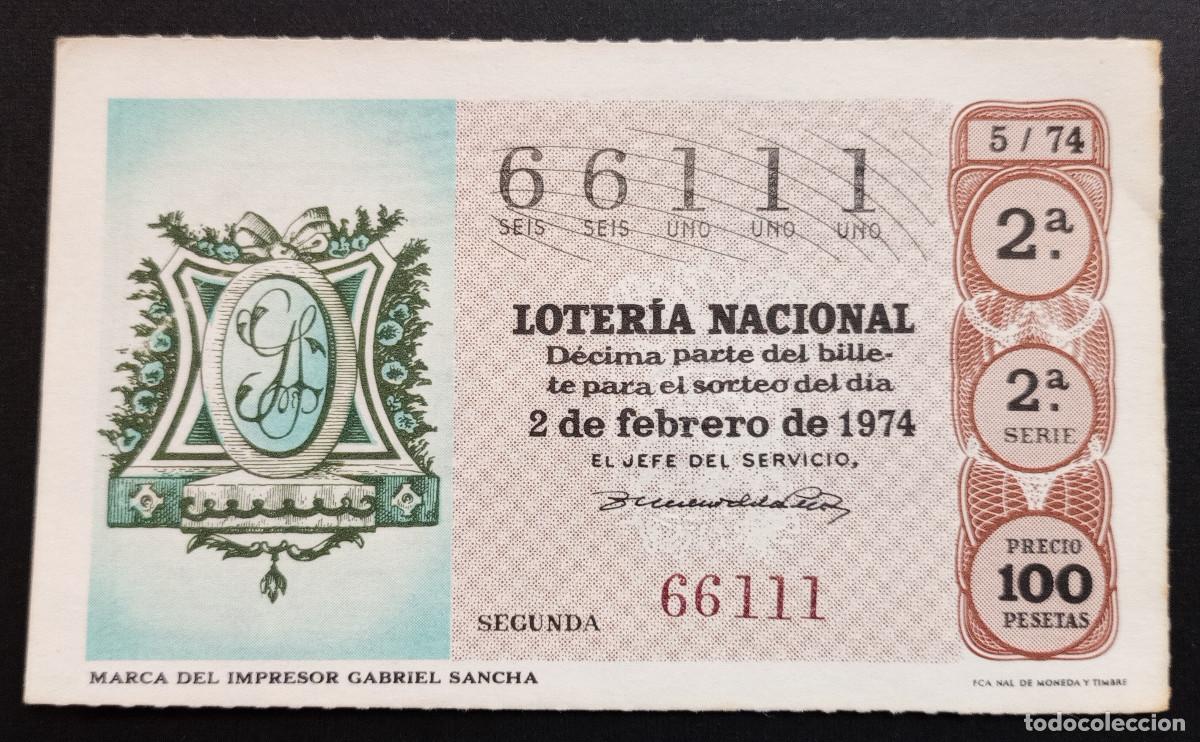 Loter&iacute;a Nacional: D&Eacute;CIMO DE LOTERIA - 2-FEBRERO-1974 - MARCA DEL IMPRESOR GABRIEL SANCHA