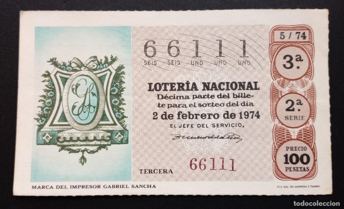 Loter&iacute;a Nacional: D&Eacute;CIMO DE LOTERIA - 2-FEBRERO-1974 - MARCA DEL IMPRESOR GABRIEL SANCHA