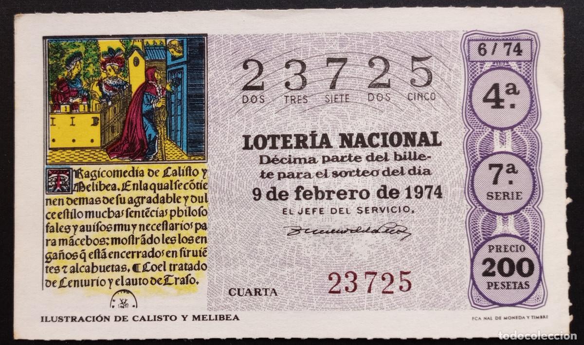 Loter&iacute;a Nacional: D&Eacute;CIMO DE LOTERIA - 9-FEBRERO-1974 - ILUSTRACI&Oacute;N DE CALISTO Y MELIBEA