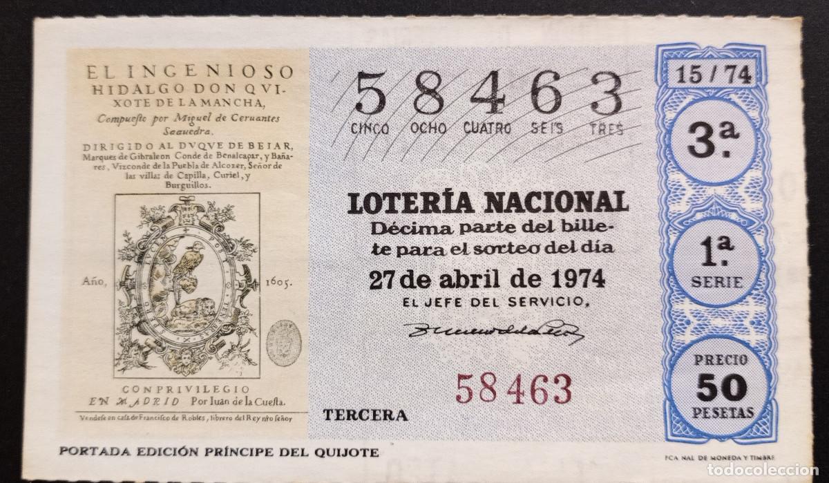 Loter&iacute;a Nacional: D&Eacute;CIMO DE LOTERIA - 27-ABRIL-1974 - PORTADA EDICI&Oacute;N PR&Iacute;NCIPE DEL QUIJOTE