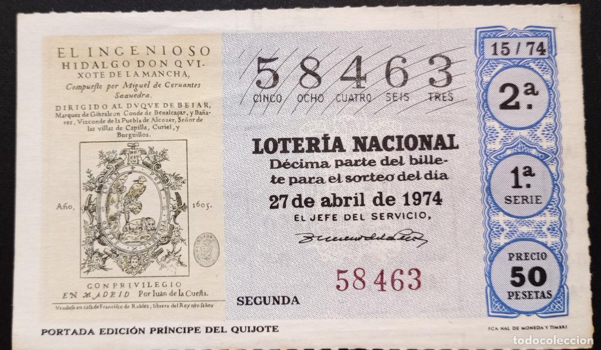 Loter&iacute;a Nacional: D&Eacute;CIMO DE LOTERIA - 27-ABRIL-1974 - PORTADA EDICI&Oacute;N PR&Iacute;NCIPE DEL QUIJOTE