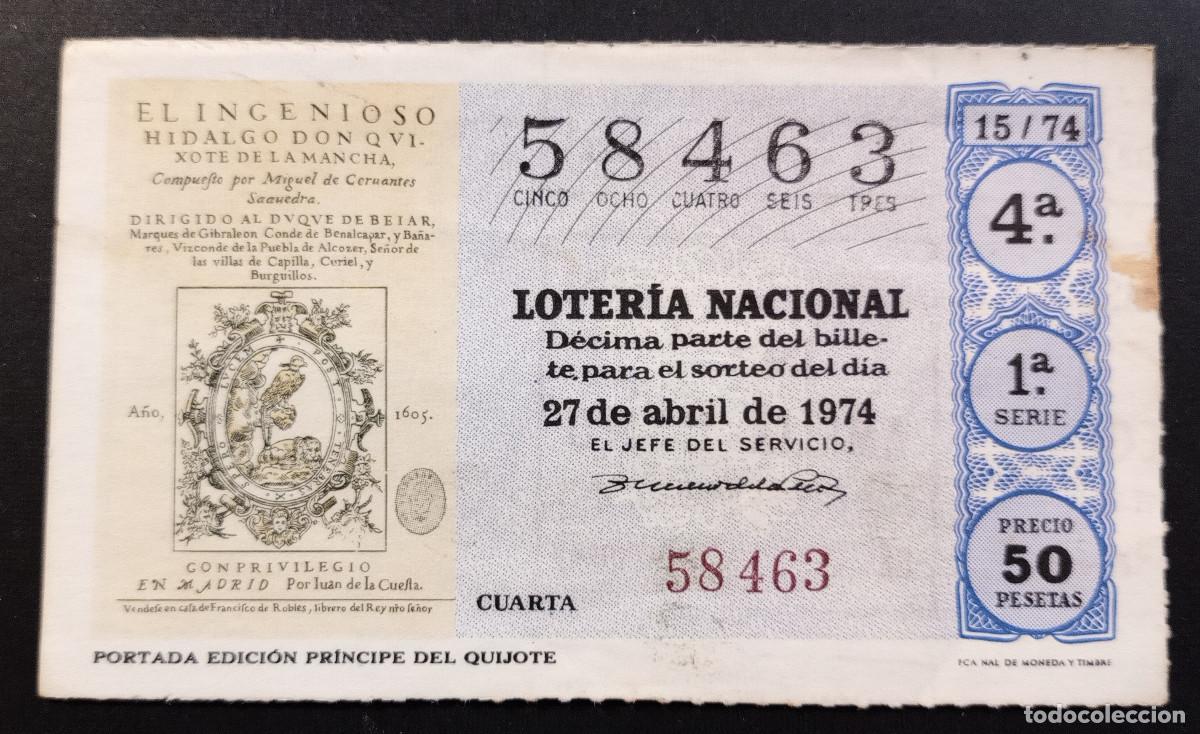 Loter&iacute;a Nacional: D&Eacute;CIMO DE LOTERIA - 27-ABRIL-1974 - PORTADA EDICI&Oacute;N PR&Iacute;NCIPE DEL QUIJOTE