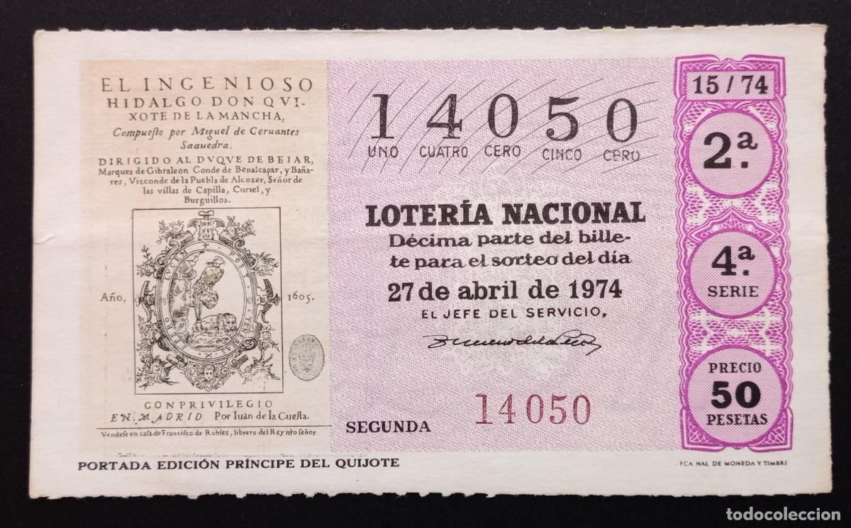 Loter&iacute;a Nacional: D&Eacute;CIMO DE LOTERIA - 27-ABRIL-1974 - PORTADA EDICI&Oacute;N PR&Iacute;NCIPE DEL QUIJOTE