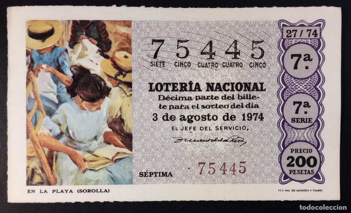Loter&iacute;a Nacional: D&Eacute;CIMO DE LOTERIA - 3-AGOSTO-1974 - EN LA PLAYA, SOROLLA