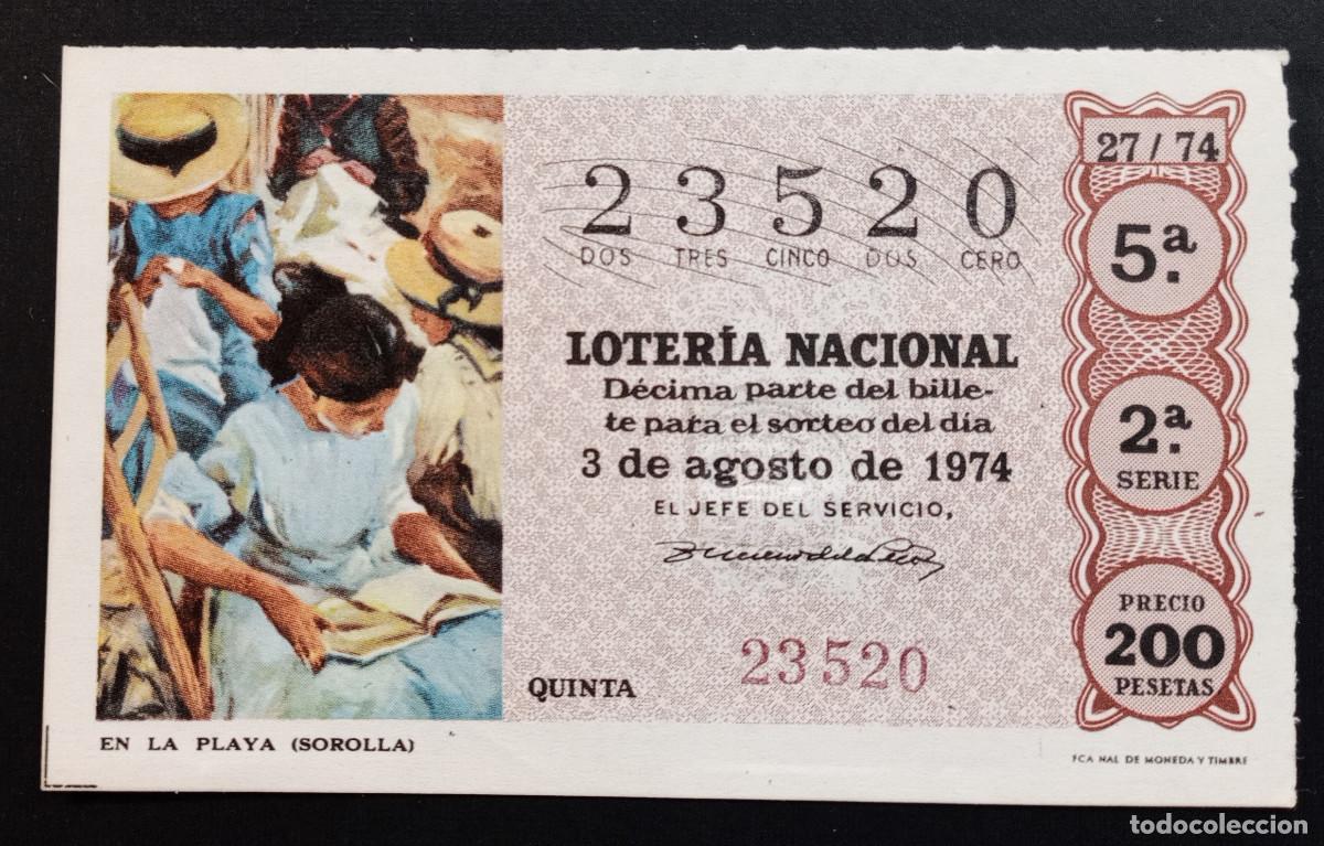 Loter&iacute;a Nacional: D&Eacute;CIMO DE LOTERIA - 3-AGOSTO-1974 - EN LA PLAYA, SOROLLA