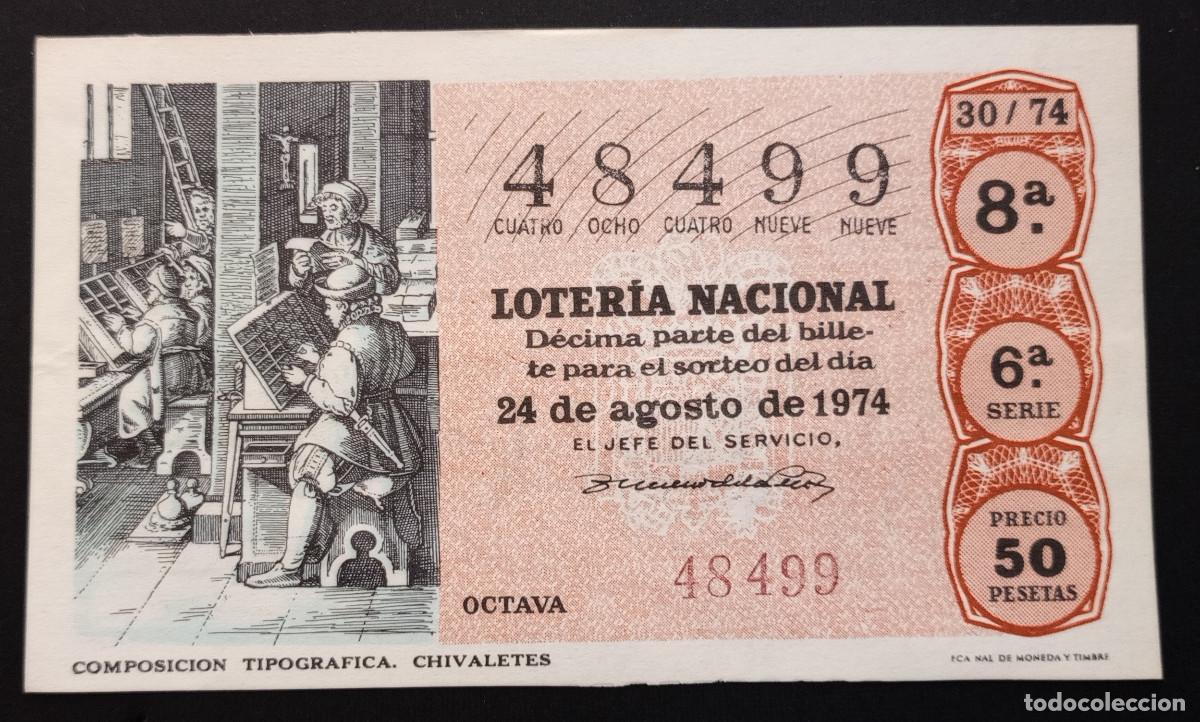 Loter&iacute;a Nacional: D&Eacute;CIMO DE LOTERIA - 24-AGOSTO-1974 - COMPOSICI&Oacute;N TIPOGR&Aacute;FICA. CHIVALETES