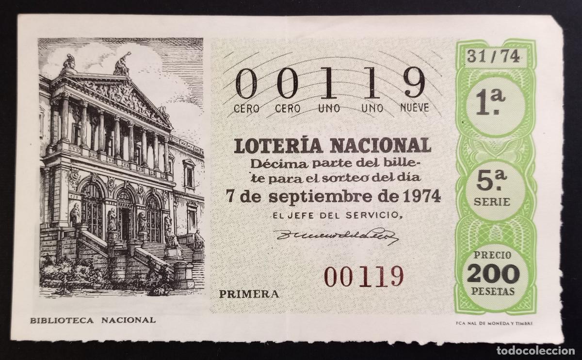 Loter&iacute;a Nacional: D&Eacute;CIMO DE LOTERIA - 7-SEPTIEMBRE-1974 - BIBLIOTECA NACIONAL