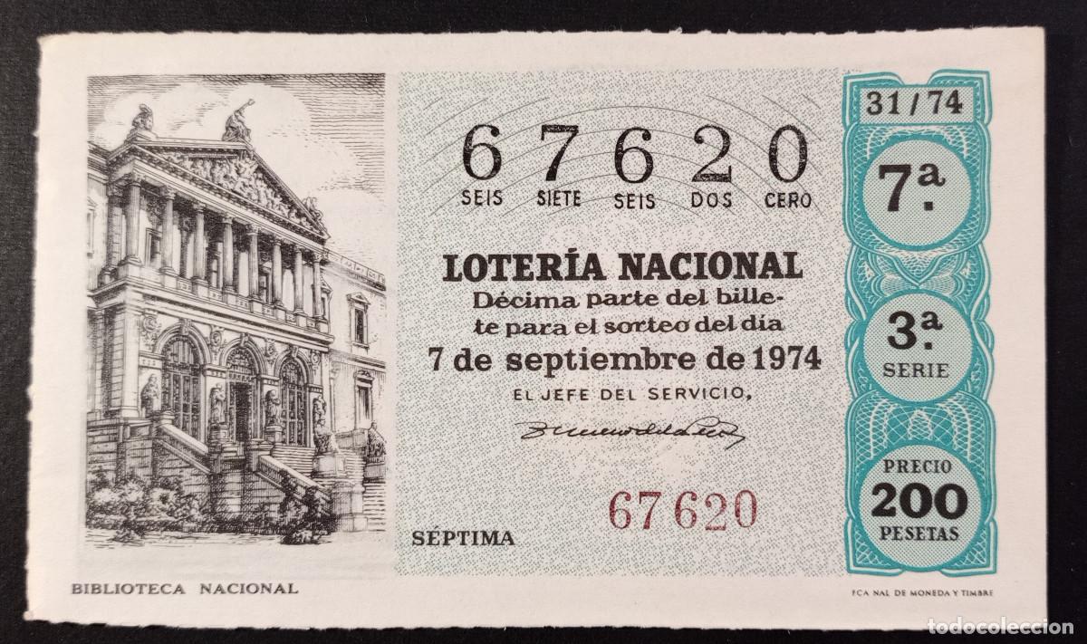 Loter&iacute;a Nacional: D&Eacute;CIMO DE LOTERIA - 7-SEPTIEMBRE-1974 - BIBLIOTECA NACIONAL