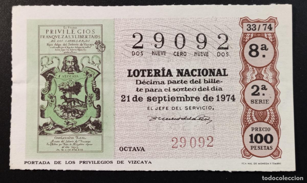Loter&iacute;a Nacional: D&Eacute;CIMO DE LOTERIA - 21-SEPTIEMBRE-1974 - PORTADA DE LOS PRIVILEGIOS DE VIZCAYA