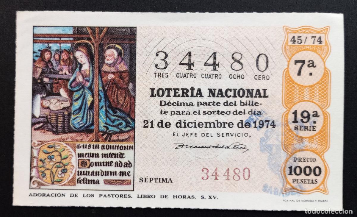Loter&iacute;a Nacional: D&Eacute;CIMO DE LOTERIA - 21-DICIEMBRE-1974 - ADORACI&Oacute;N DE LOS PASTORES. LIBRO DE HORAS S.XV