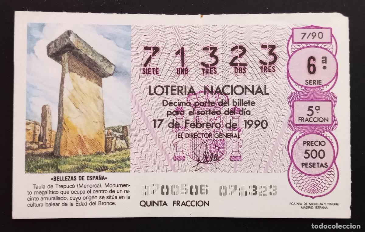 Loter&iacute;a Nacional: D&Eacute;CIMO DE LOTERIA - 17-FEBRERO-1990 - BELLEZAS DE ESPA&Ntilde;A, TAULA DE TREPUC&Oacute;, MENORCA