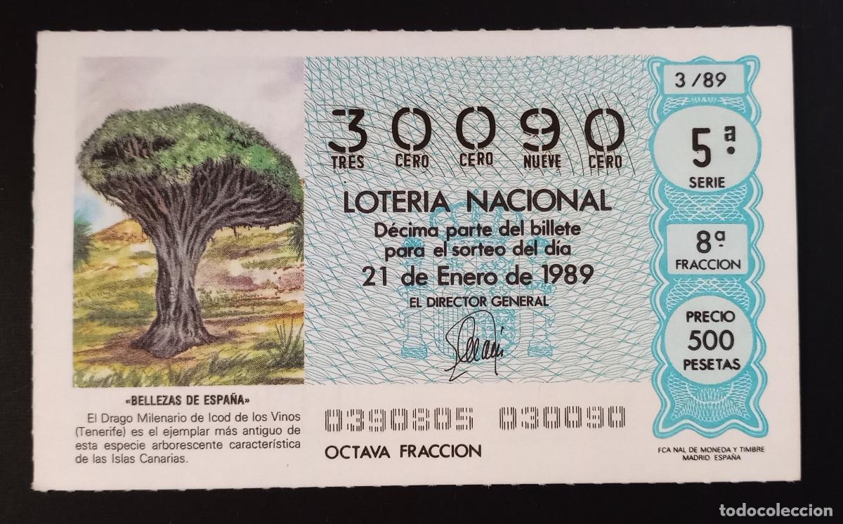 Loter&iacute;a Nacional: D&Eacute;CIMO DE LOTERIA - 21-ENERO-1989 - BELLEZAS DE ESPA&Ntilde;A, DRAGO MILENARIO DE LOS VINOS