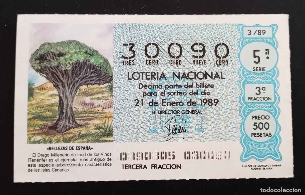Loter&iacute;a Nacional: D&Eacute;CIMO DE LOTERIA - 21-ENERO-1989 - BELLEZAS DE ESPA&Ntilde;A, DRAGO MILENARIO DE LOS VINOS