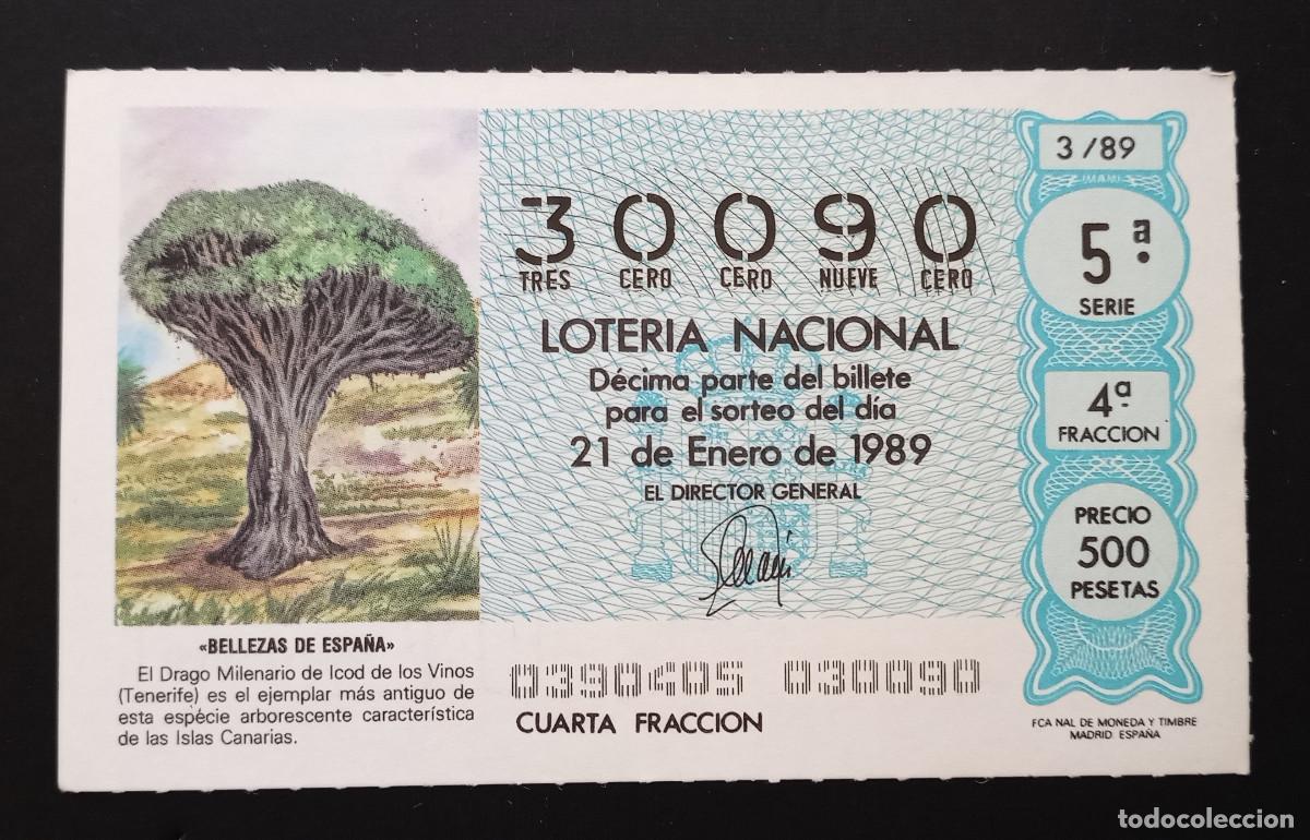 Loter&iacute;a Nacional: D&Eacute;CIMO DE LOTERIA - 21-ENERO-1989 - BELLEZAS DE ESPA&Ntilde;A, DRAGO MILENARIO DE LOS VINOS