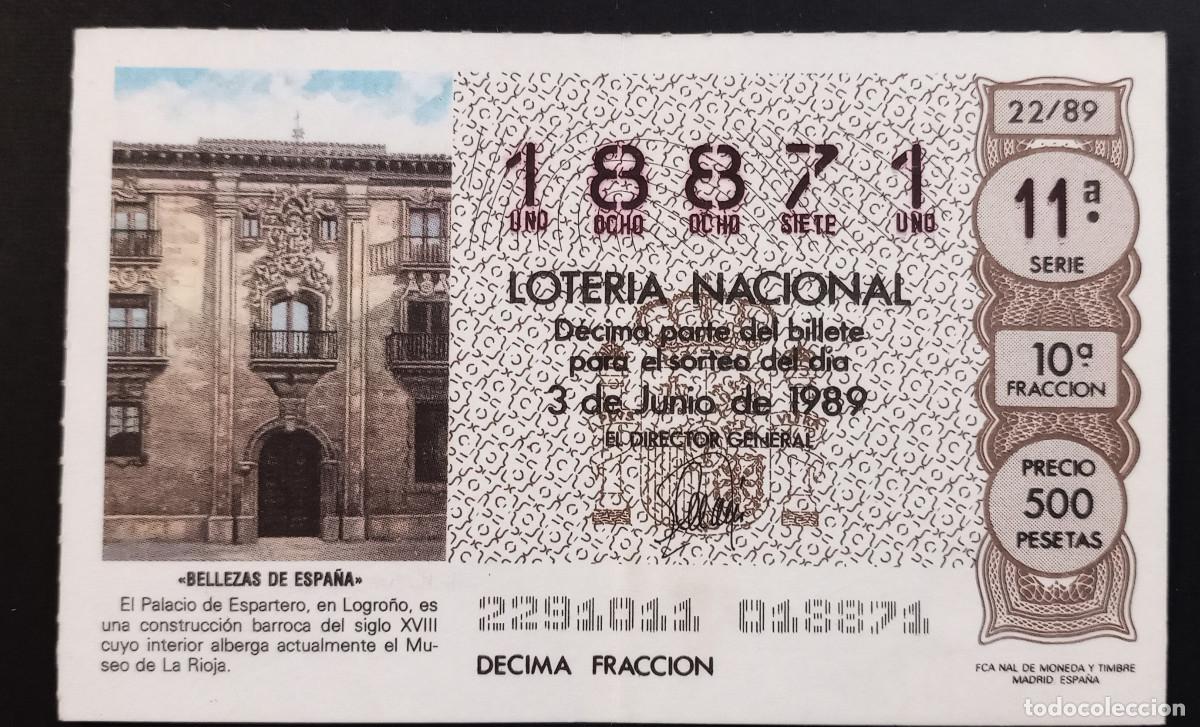 Loter&iacute;a Nacional: D&Eacute;CIMO DE LOTERIA - 3-JUNIO-1989 - BELLEZAS DE ESPA&Ntilde;A, PALACIO DE ESPARTERO, LOGRO&Ntilde;O