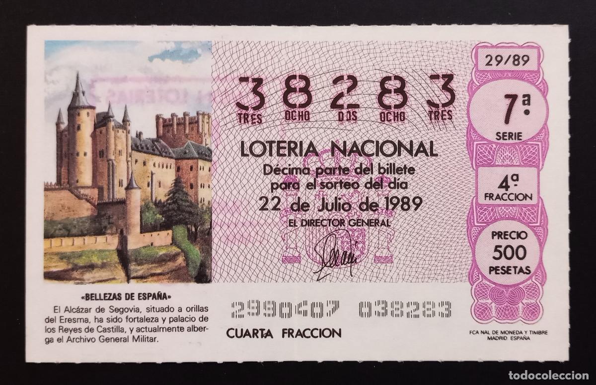 Loter&iacute;a Nacional: D&Eacute;CIMO DE LOTERIA - 22-JULIO-1989 - BELLEZAS DE ESPA&Ntilde;A, ALC&Aacute;ZAR DE SEGOVIA