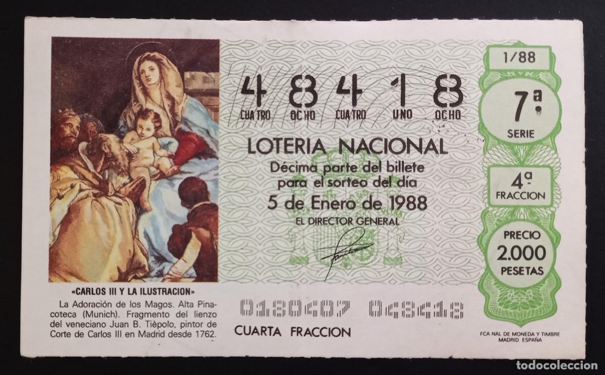 Loter&iacute;a Nacional: D&Eacute;CIMO DE LOTERIA - 5-ENERO-1988 - CARLOS III Y LA ILUSTRACI&Oacute;N - ADORACI&Oacute;N DE LOS MAGOS, TI&Eacute;POLO