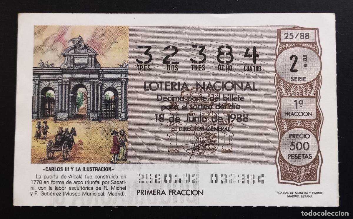 Loter&iacute;a Nacional: D&Eacute;CIMO DE LOTERIA - 18-JUNIO-1988 - CARLOS III Y LA ILUSTRACI&Oacute;N - PUERTA DE ALCAL&Aacute;