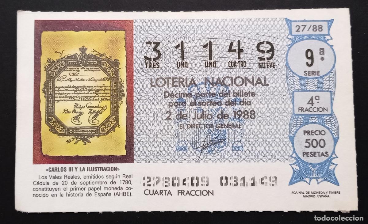 Loter&iacute;a Nacional: D&Eacute;CIMO DE LOTERIA - 2-JULIO-1988 - CARLOS III Y LA ILUSTRACI&Oacute;N - VALES REALES