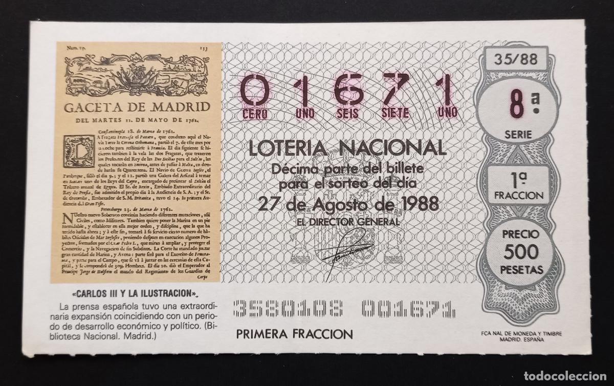 Loter&iacute;a Nacional: D&Eacute;CIMO DE LOTERIA - 27-AGOSTO-1988 - CARLOS III Y LA ILUSTRACI&Oacute;N - PRENSA ESPA&Ntilde;OLA
