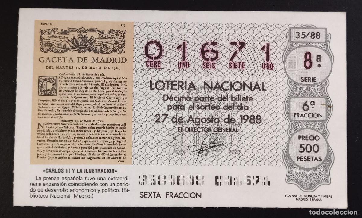 Loter&iacute;a Nacional: D&Eacute;CIMO DE LOTERIA - 27-AGOSTO-1988 - CARLOS III Y LA ILUSTRACI&Oacute;N - PRENSA ESPA&Ntilde;OLA