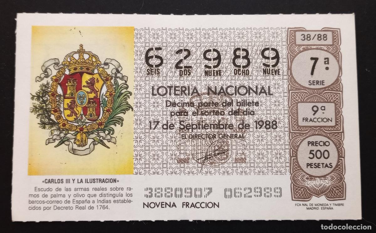 Loter&iacute;a Nacional: D&Eacute;CIMO DE LOTERIA - 17-SEPTIEMBRE-1988 - CARLOS III Y LA ILUSTRACI&Oacute;N - ESCUDO DE LAS ARMAS REALES