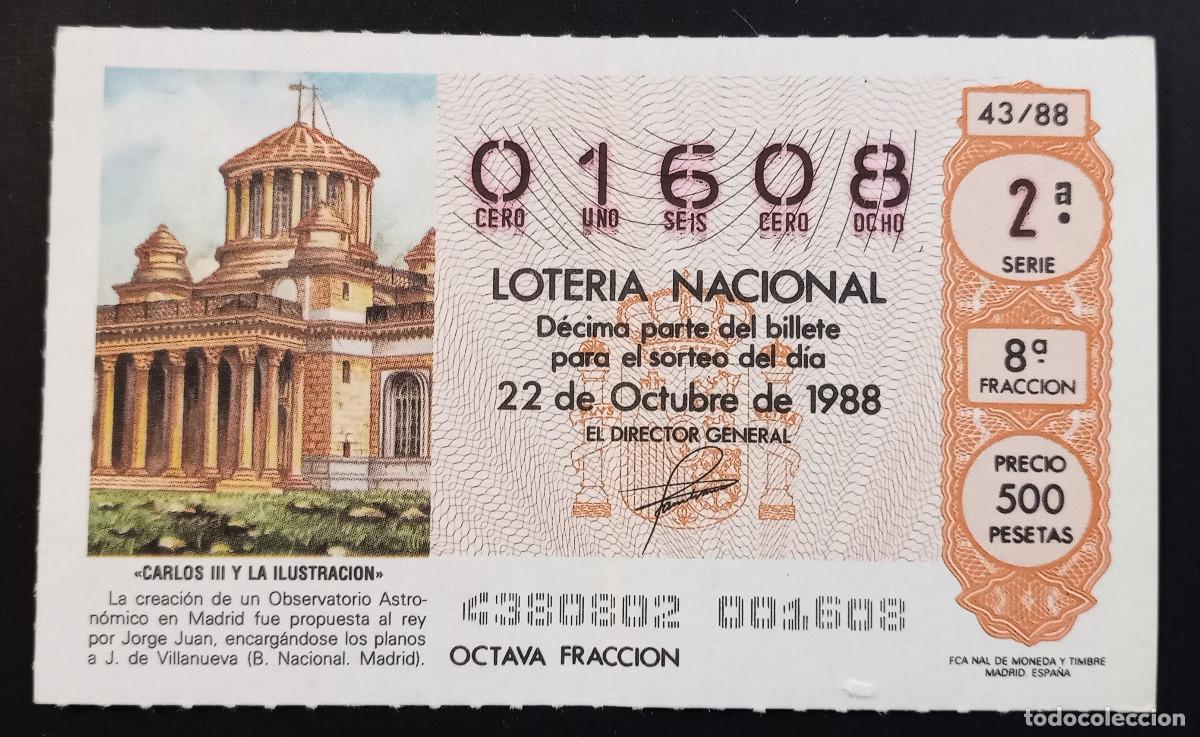 Loter&iacute;a Nacional: D&Eacute;CIMO DE LOTERIA - 22-OCTUBRE-1988 - CARLOS III Y LA ILUSTRACI&Oacute;N - OBSERVAT. ASTRON&Oacute;MICO DE MADRID