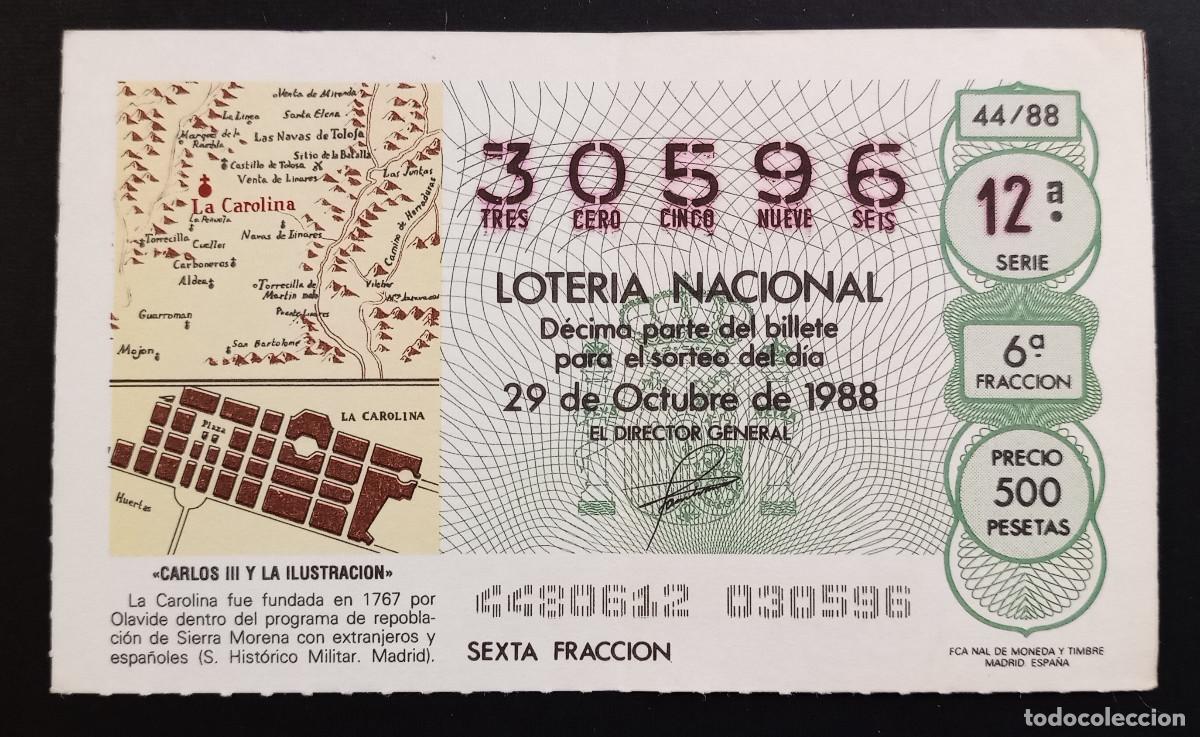 Loter&iacute;a Nacional: D&Eacute;CIMO DE LOTERIA - 29-OCTUBRE-1988 - CARLOS III Y LA ILUSTRACI&Oacute;N - LA CAROLINA