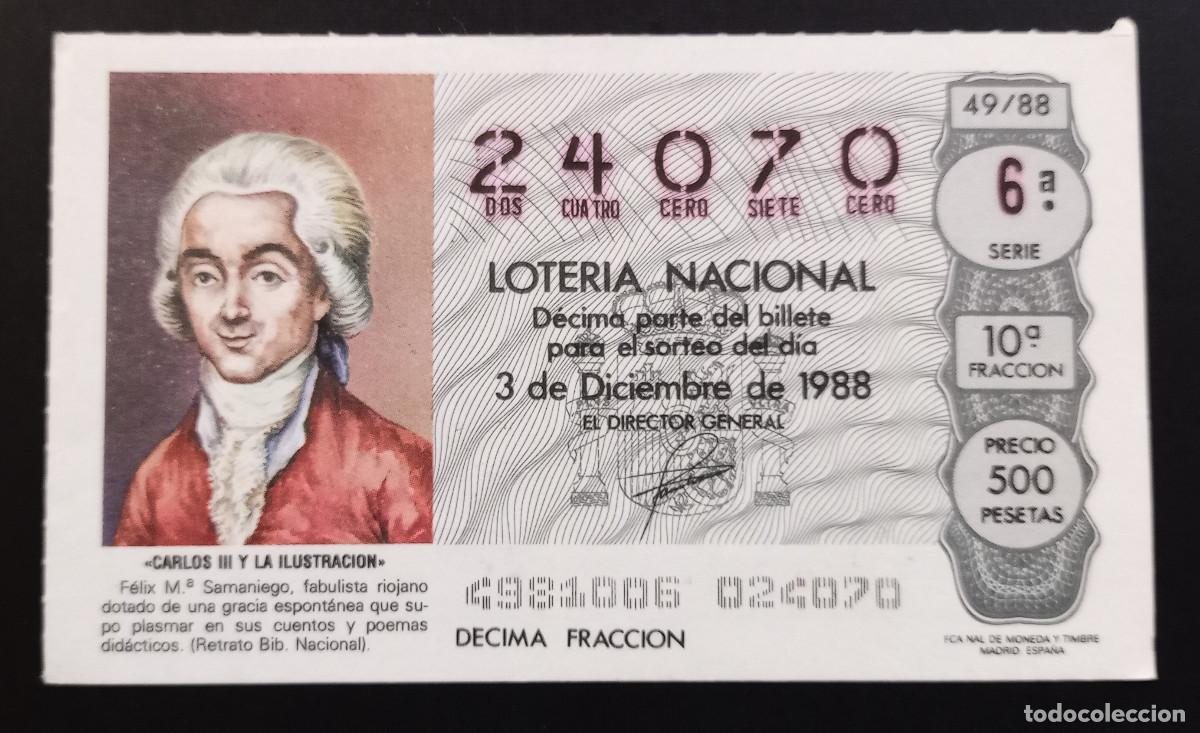 Loter&iacute;a Nacional: D&Eacute;CIMO DE LOTERIA - 3-DICIEMBRE-1988 - CARLOS III Y LA ILUSTRACI&Oacute;N - FELIX DE SAMANIEGO