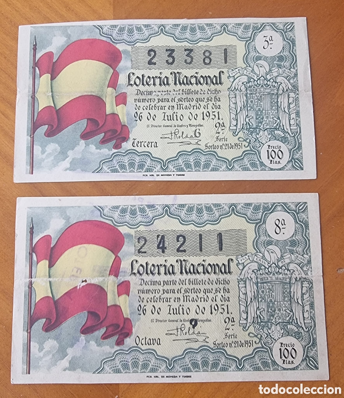 Loter&iacute;a Nacional: Billetes loter&iacute;a nacional 1951 originales bandera Espa&ntilde;a