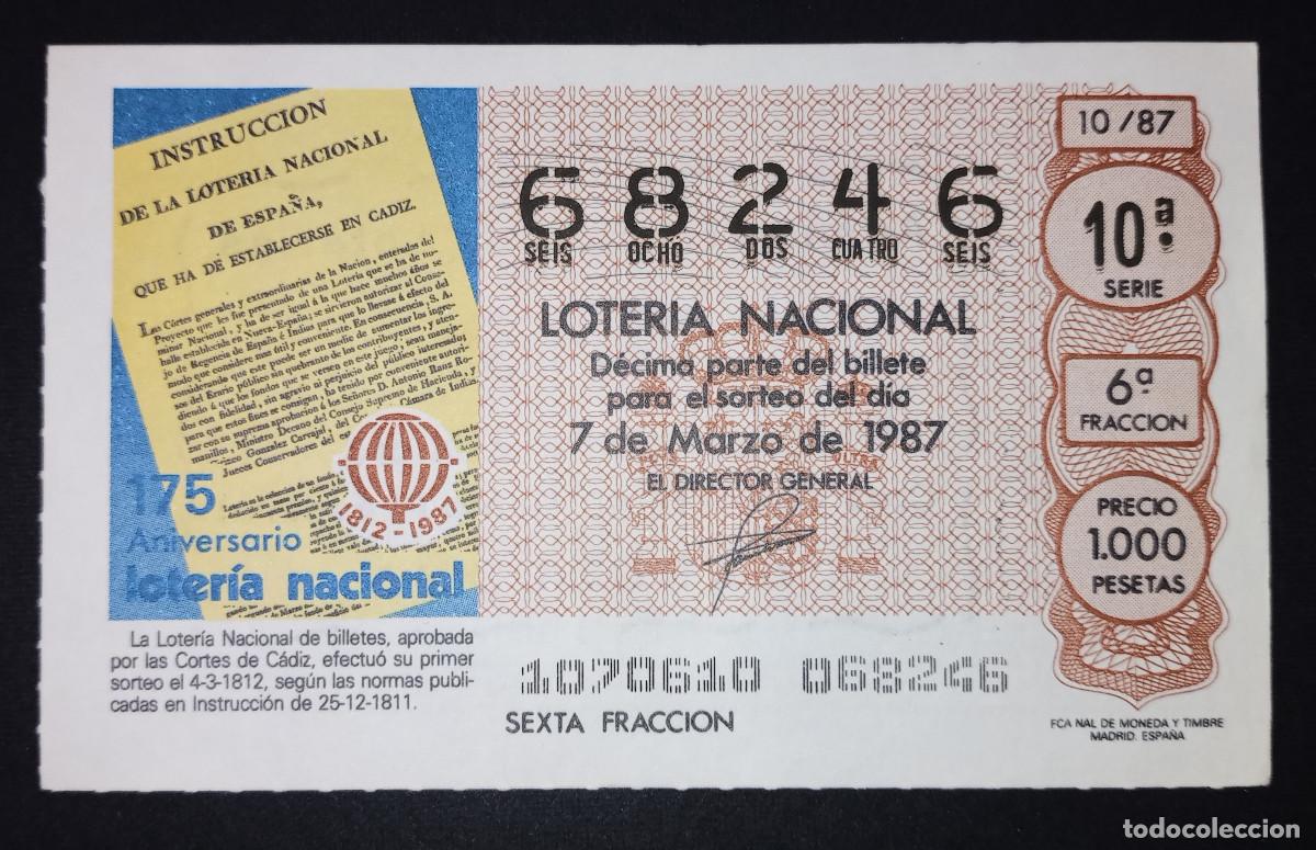 Loter&iacute;a Nacional: D&Eacute;CIMO DE LOTERIA - 7-MARZO-1987 - LOTERIA NACIONAL DE BILLETES