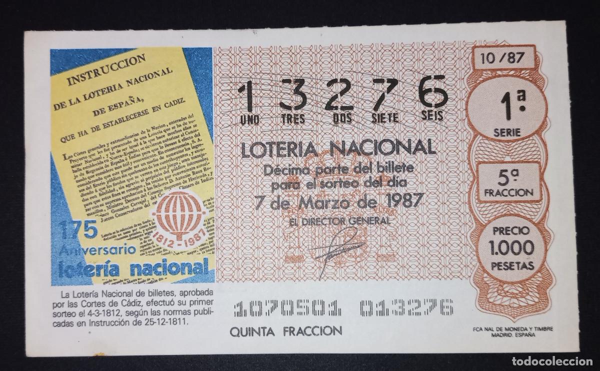 Loter&iacute;a Nacional: D&Eacute;CIMO DE LOTERIA - 7-MARZO-1987 - LOTERIA NACIONAL DE BILLETES