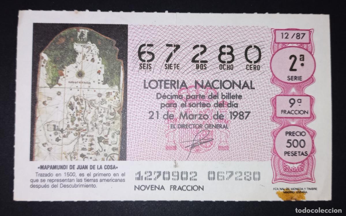 Loter&iacute;a Nacional: D&Eacute;CIMO DE LOTERIA - 21-MARZO-1987 - MAPAMUNDI DE JUAN DE LA COSA